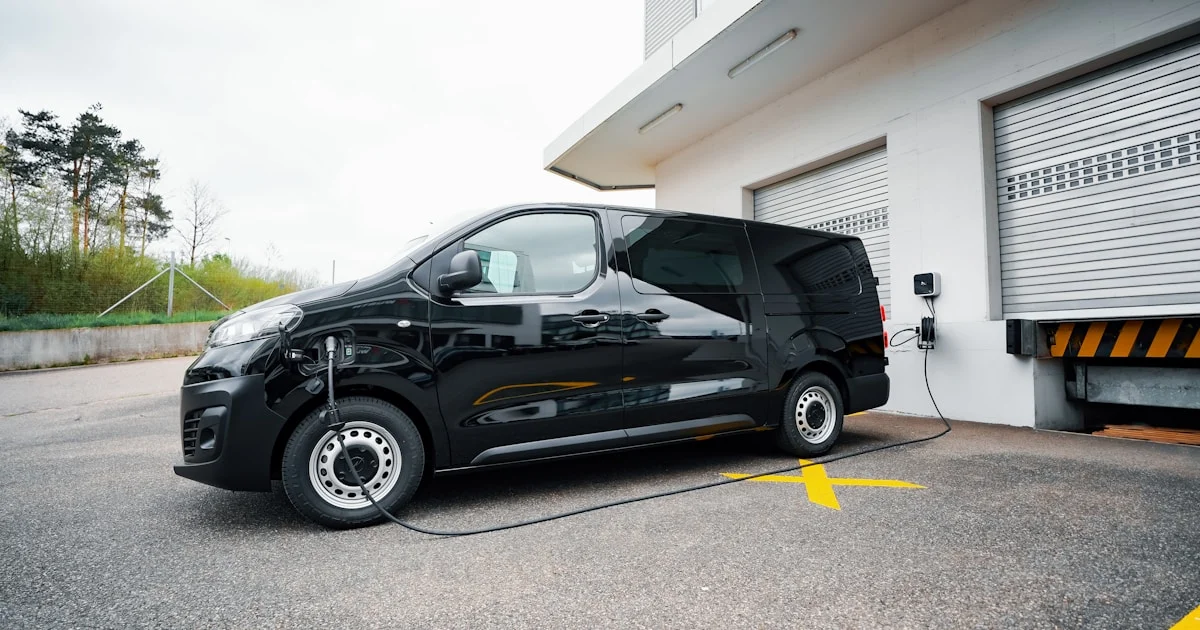 Furgoneta eléctrica conectada a punto de carga rápida en hub logístico