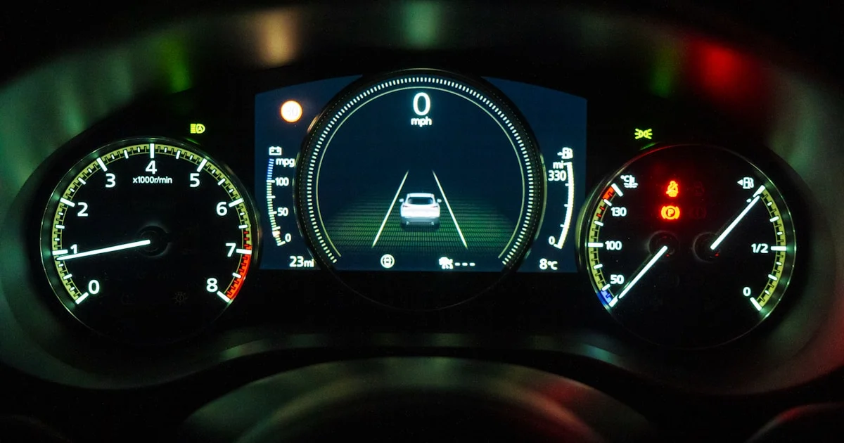 Volante de camión con tablero de telemetría mostrando indicadores de conducción